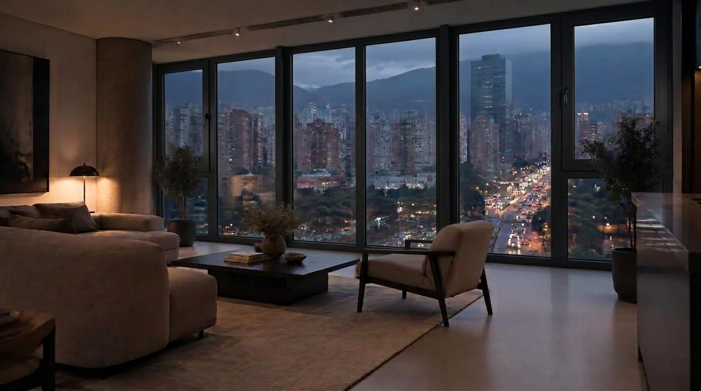 Sala tranquila frente a una avenida con tráfico en Medellín